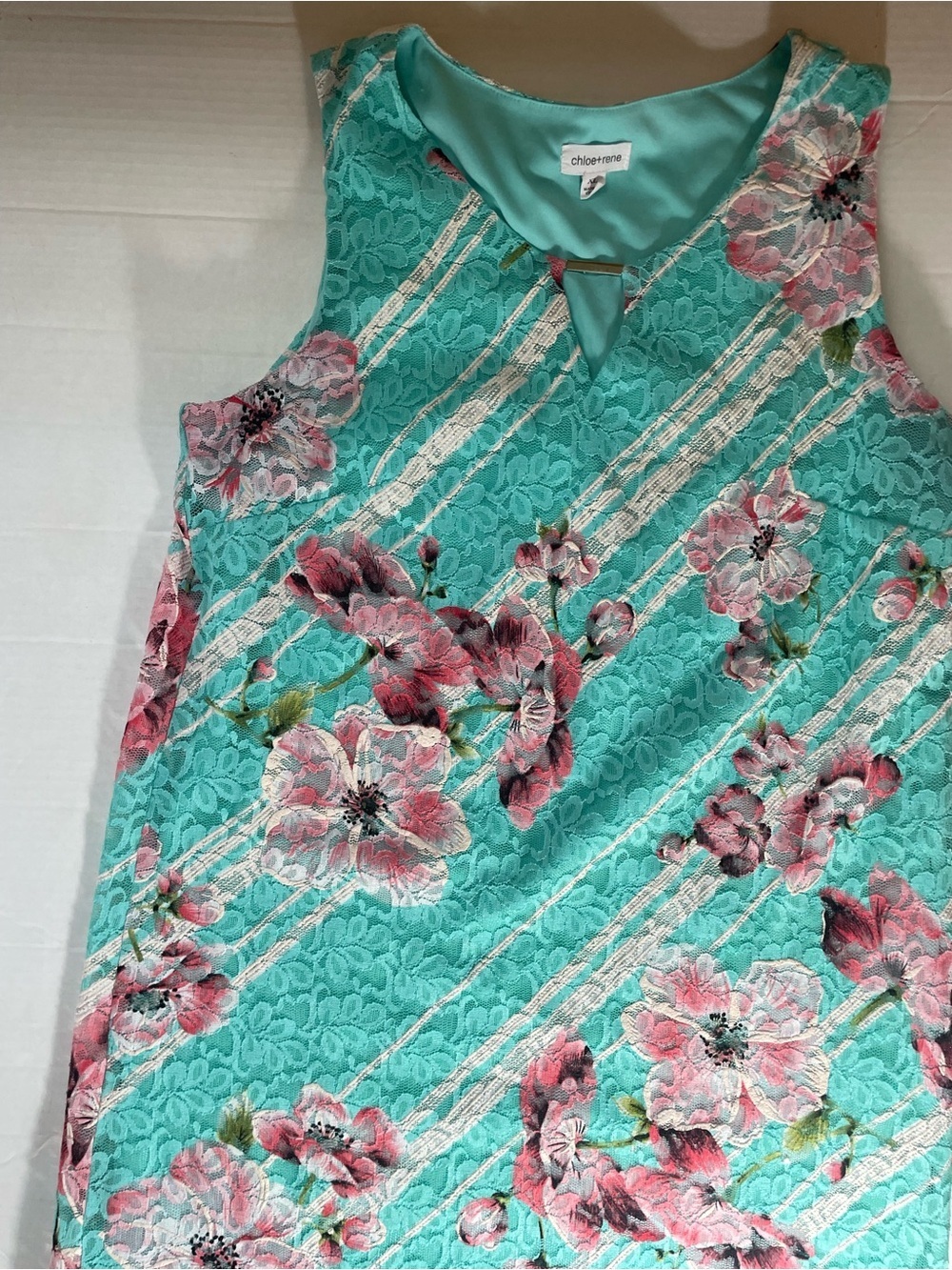 Chole + Rene Floral Sleeveless Dress Teal Pink Keyhole Neck A-Line Size XL - Picture 7 of 12